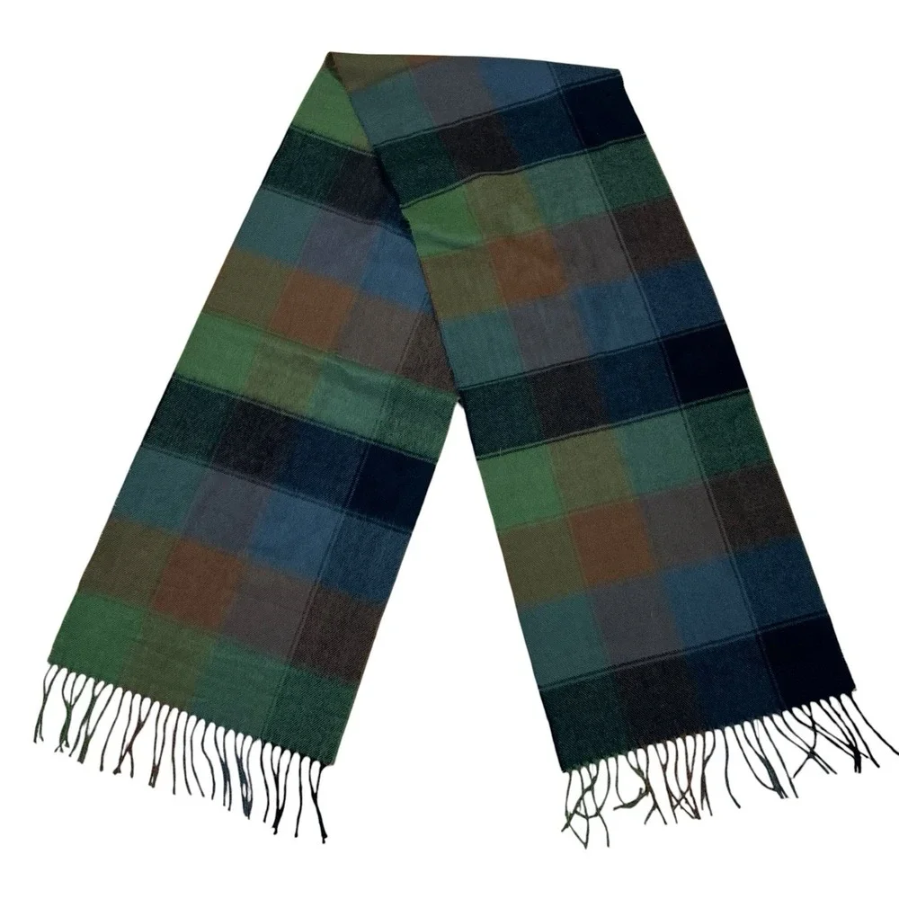 100% Scotland Cashmere Rectangular Scarf Gray Olive Burgundy Plaid Quiet Luxury